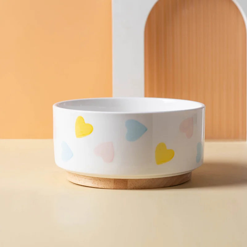 Ceramics Dog Bowl with Wood Mat Wide Mouth Feeding Bowls Food and Water Pet Feeder for Cat Puppy Protecting Cervical Spine