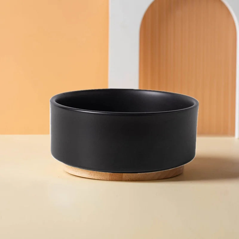 Ceramics Dog Bowl with Wood Mat Wide Mouth Feeding Bowls Food and Water Pet Feeder for Cat Puppy Protecting Cervical Spine