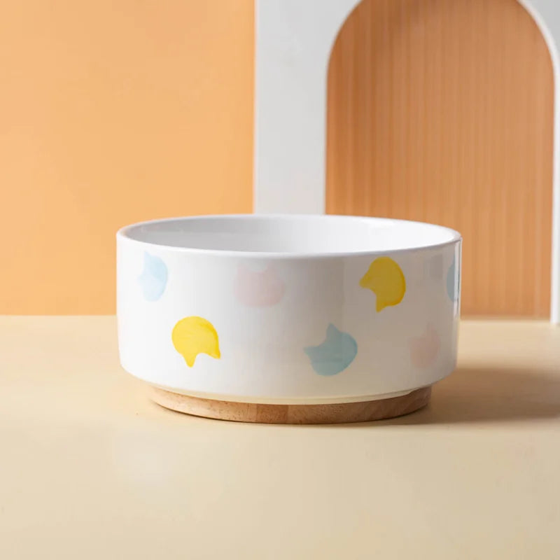Ceramics Dog Bowl with Wood Mat Wide Mouth Feeding Bowls Food and Water Pet Feeder for Cat Puppy Protecting Cervical Spine