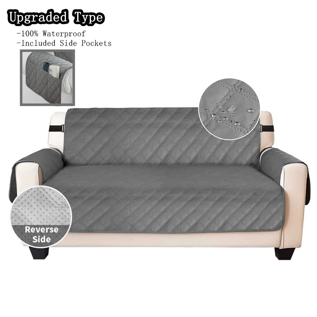 Pocketed light grey waterproof quilted sofa cover