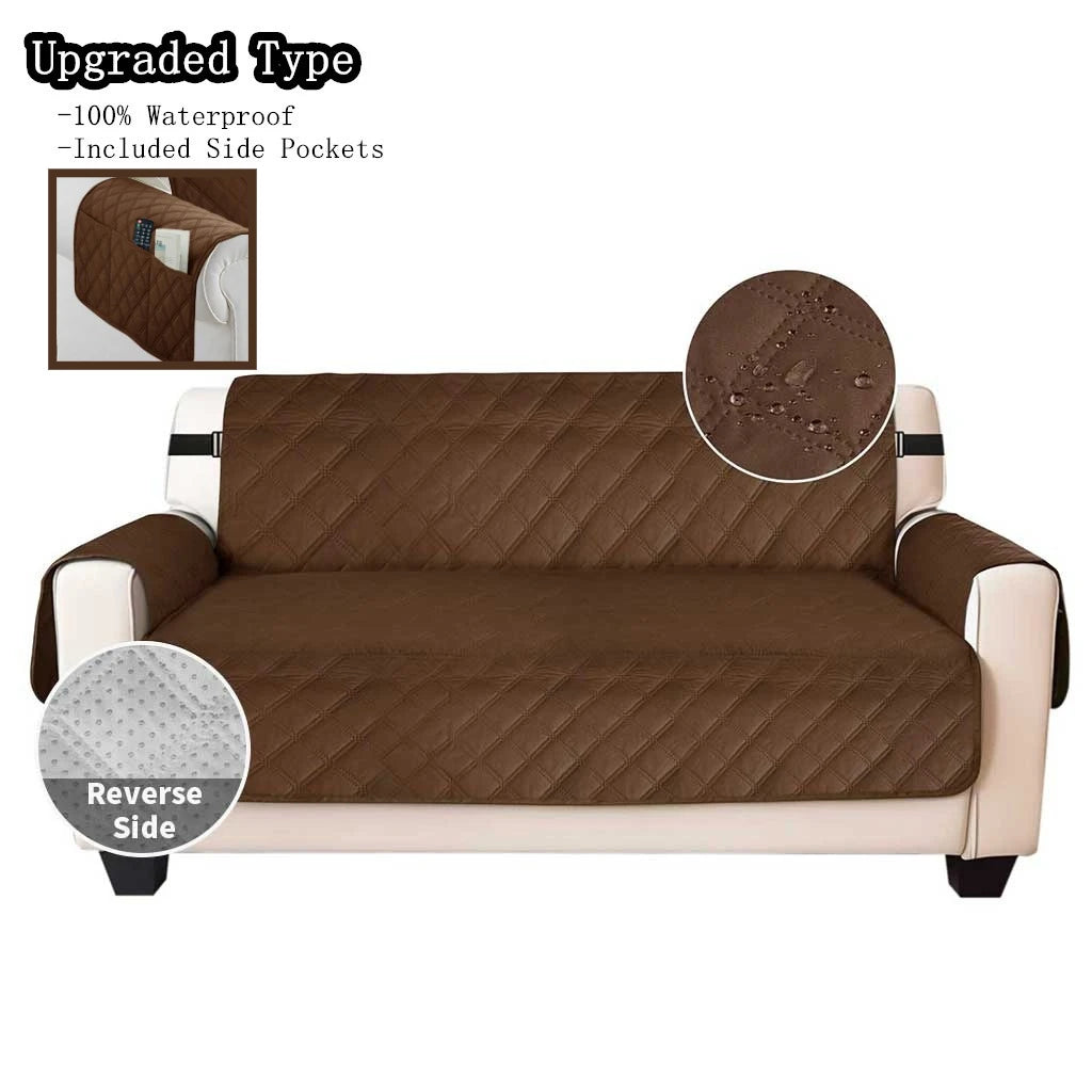 Pocketed brown waterproof quilted sofa cover