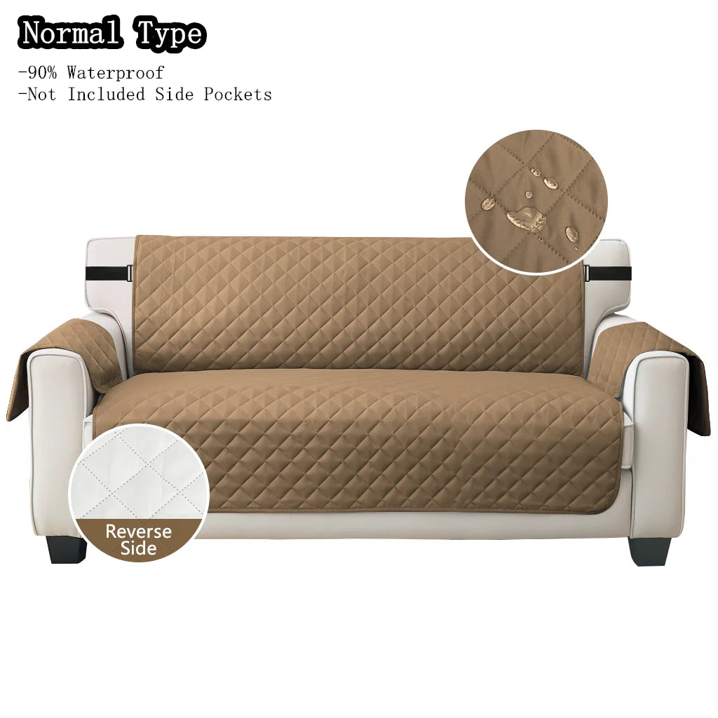 Classic taupe quilted sofa cover with elastic strap