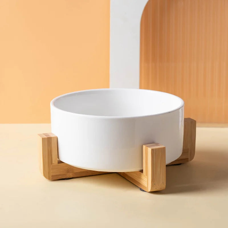 Ceramics Dog Bowl with Wood Mat Wide Mouth Feeding Bowls Food and Water Pet Feeder for Cat Puppy Protecting Cervical Spine
