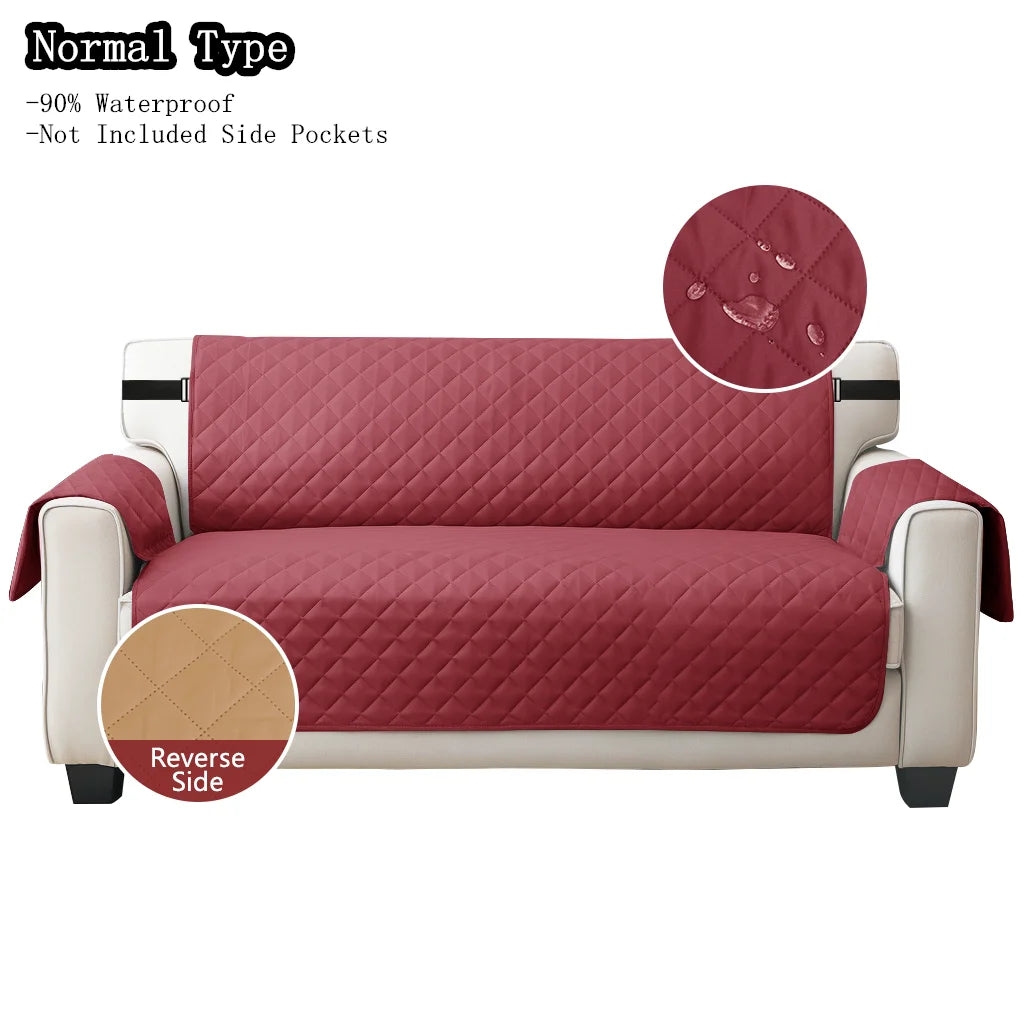 Classic burgundy quilted sofa cover with elastic strap