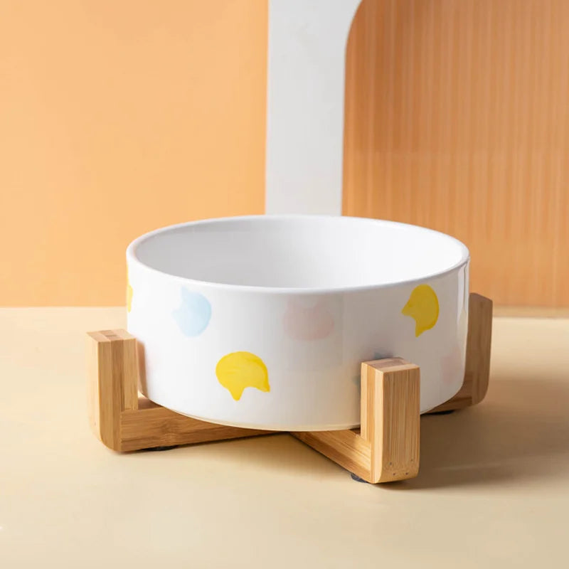 Ceramics Dog Bowl with Wood Mat Wide Mouth Feeding Bowls Food and Water Pet Feeder for Cat Puppy Protecting Cervical Spine