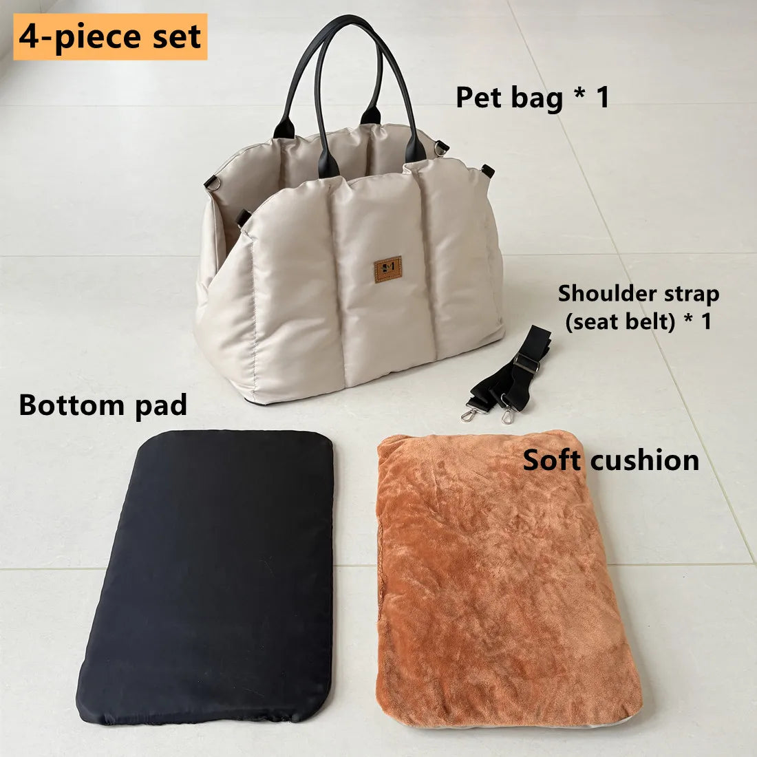 Beige four-piece pet carrier set with strap, base pad, and cushion