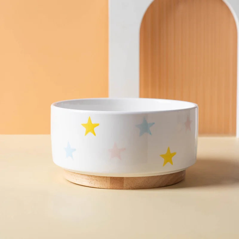Ceramics Dog Bowl with Wood Mat Wide Mouth Feeding Bowls Food and Water Pet Feeder for Cat Puppy Protecting Cervical Spine