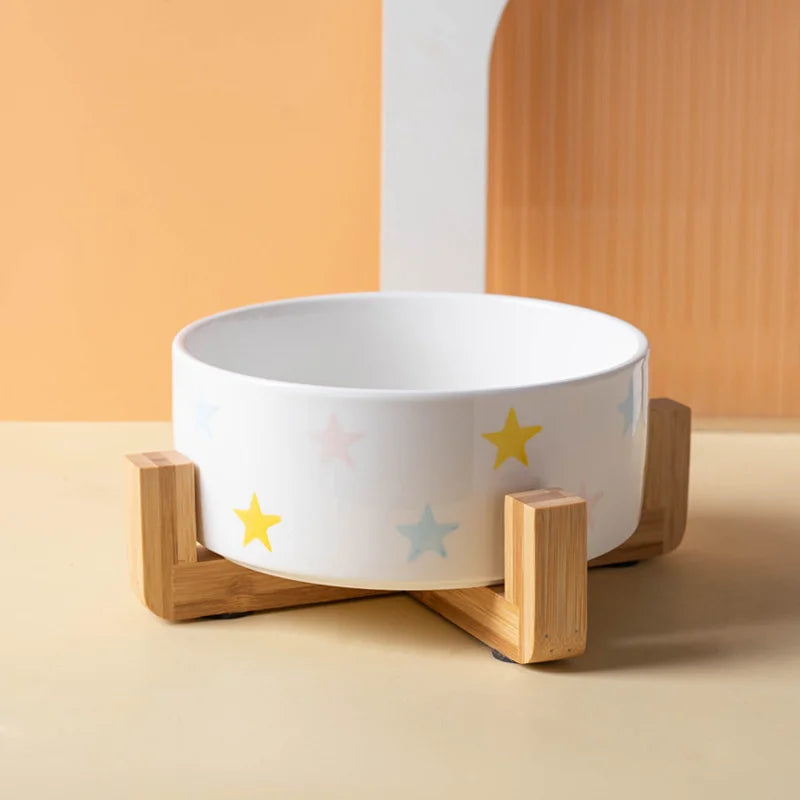 Ceramics Dog Bowl with Wood Mat Wide Mouth Feeding Bowls Food and Water Pet Feeder for Cat Puppy Protecting Cervical Spine