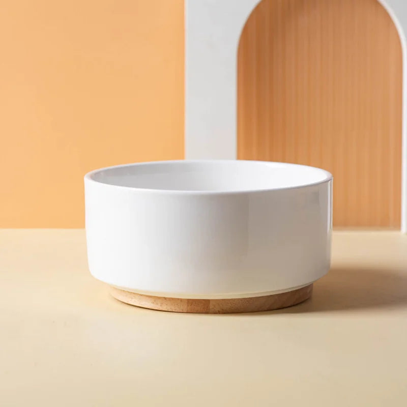 Ceramics Dog Bowl with Wood Mat Wide Mouth Feeding Bowls Food and Water Pet Feeder for Cat Puppy Protecting Cervical Spine