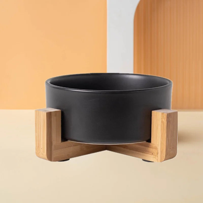 Ceramics Dog Bowl with Wood Mat Wide Mouth Feeding Bowls Food and Water Pet Feeder for Cat Puppy Protecting Cervical Spine