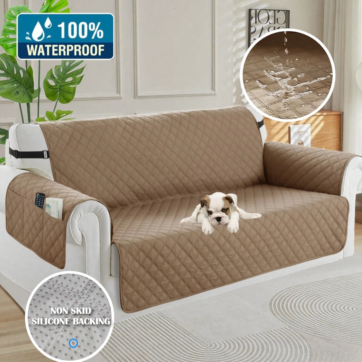 Taupe quilted sofa cover with waterproof and non-slip backing details