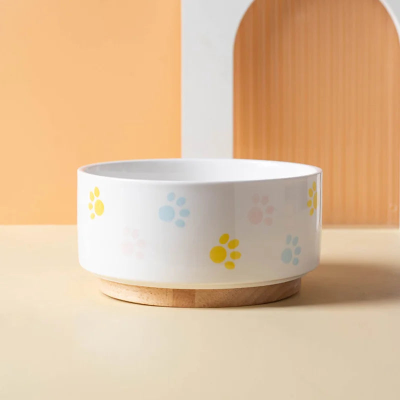 Ceramics Dog Bowl with Wood Mat Wide Mouth Feeding Bowls Food and Water Pet Feeder for Cat Puppy Protecting Cervical Spine