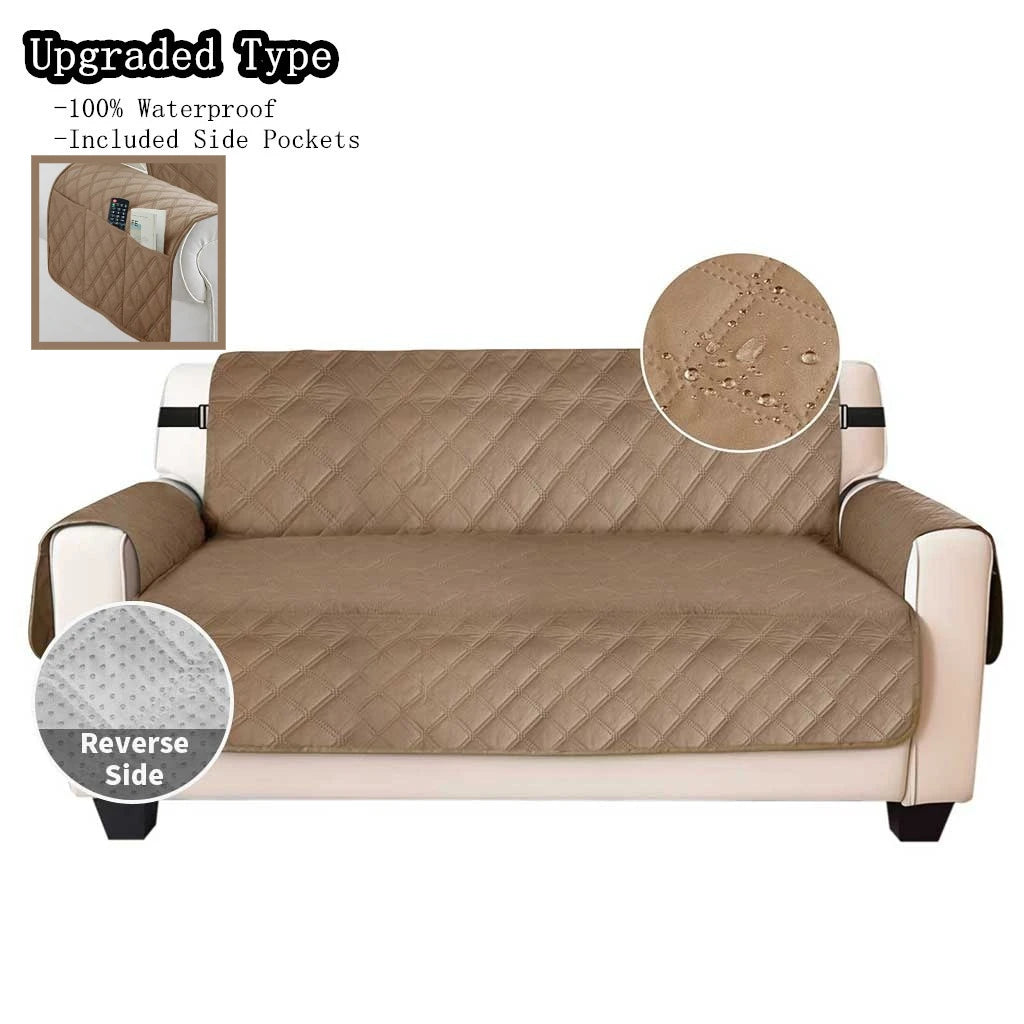 Pocketed taupe waterproof quilted sofa cover