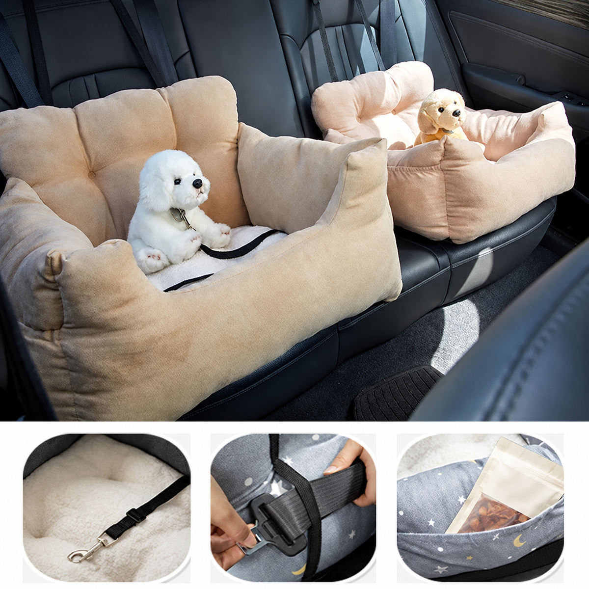 Two tan Passenger Nest pet car seats secured across a vehicle back seat