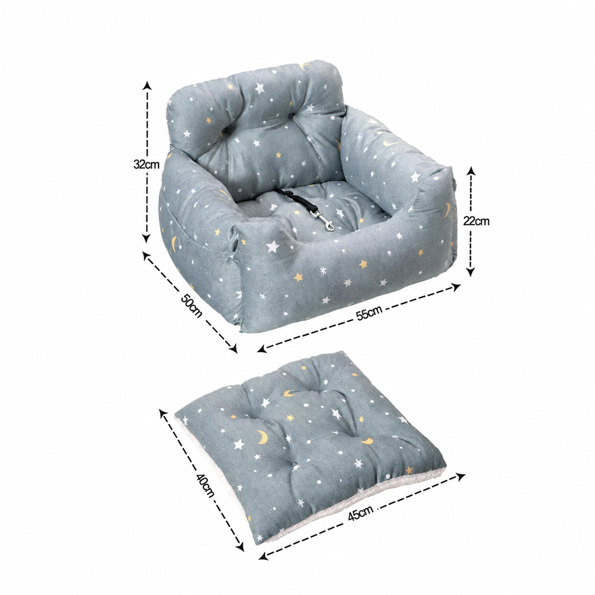 Passenger Nest pet car seat and removable cushion dimensions