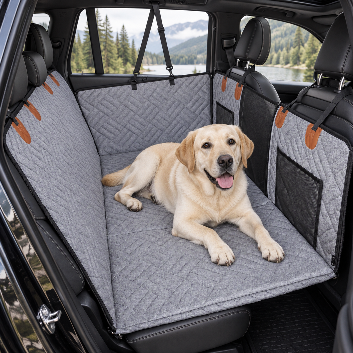 Cream Labrador resting on the gray Full-Cover Backseat Hammock in a dark SUV