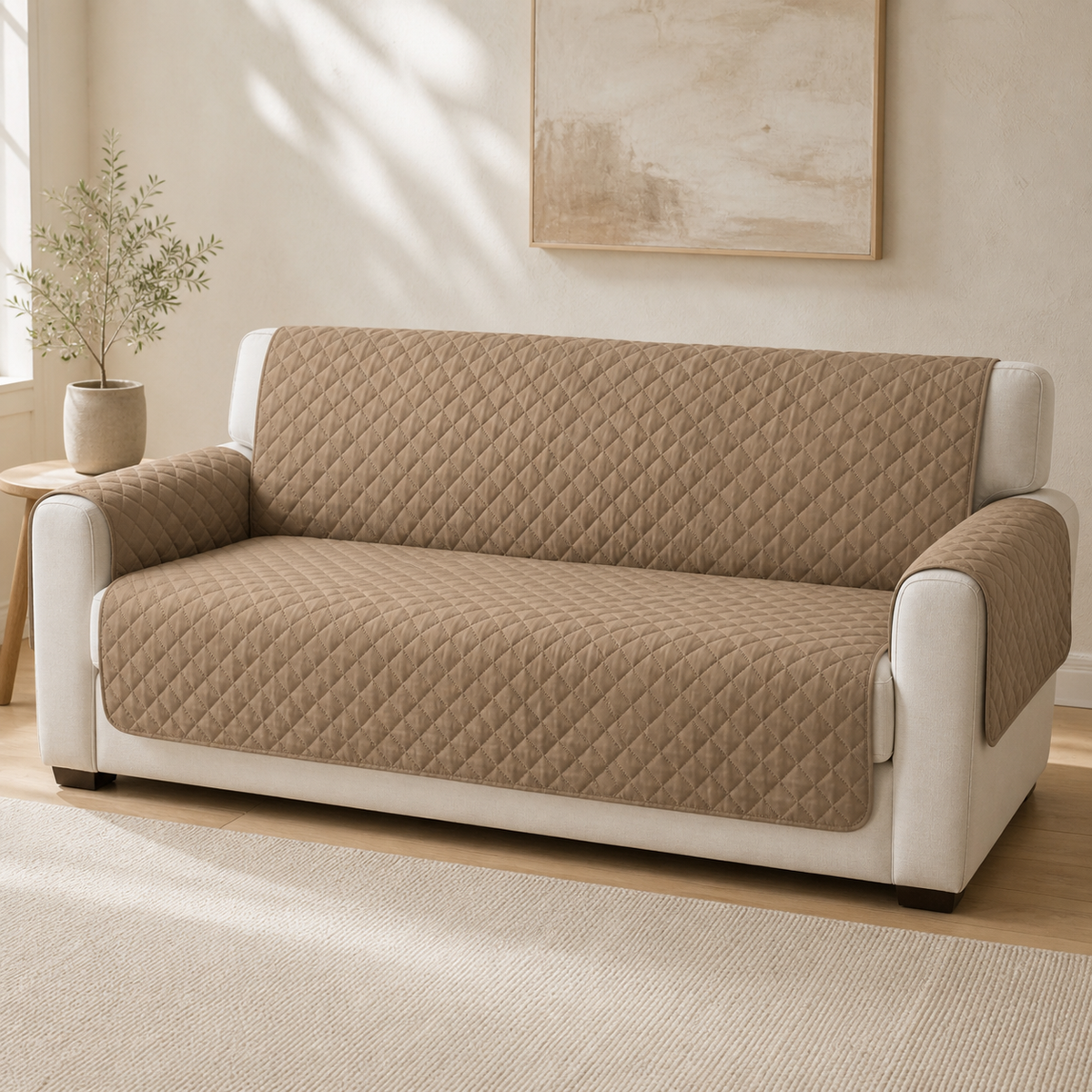 Taupe diamond-quilted sofa protector in a warm neutral living room